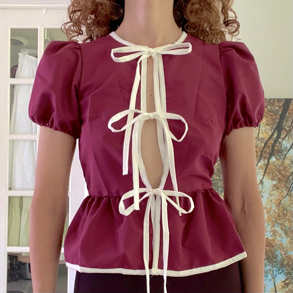 Elegant Boutique Mandarin Burgundy Blouse with Bows NWOT